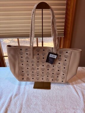MCM Beige Monogram Canvas Tote